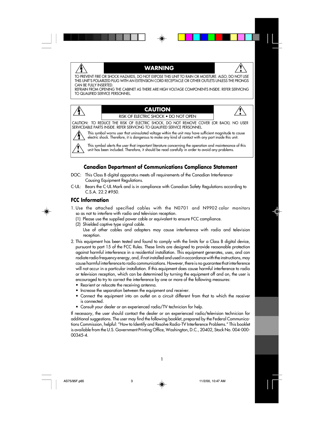 NEC 75F, 95F user manual Canadian Department of Communications Compliance Statement, FCC Information 