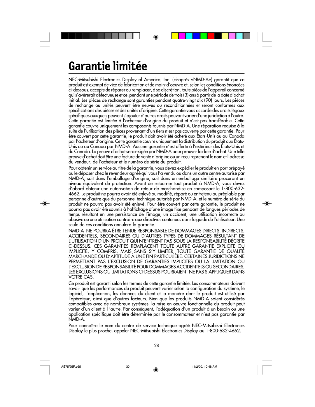 NEC 75F, 95F user manual Garantie limitée 