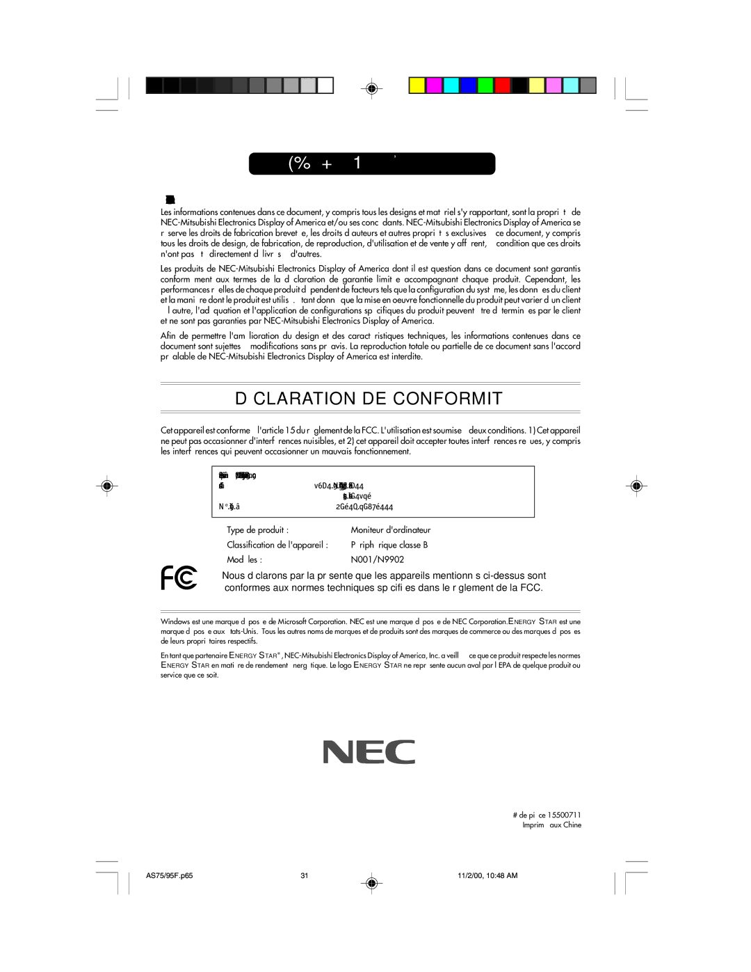 NEC 75F, 95F user manual NEC AccuSync Series 