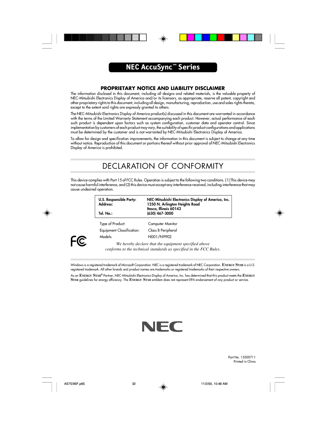 NEC 75F, 95F user manual Declaration of Conformity 