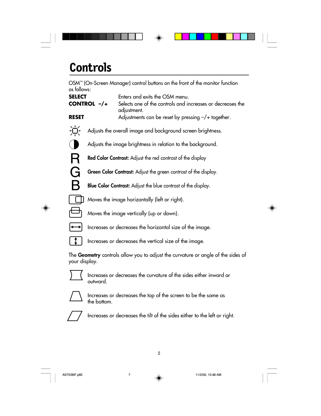 NEC 75F, 95F user manual Controls, Reset 