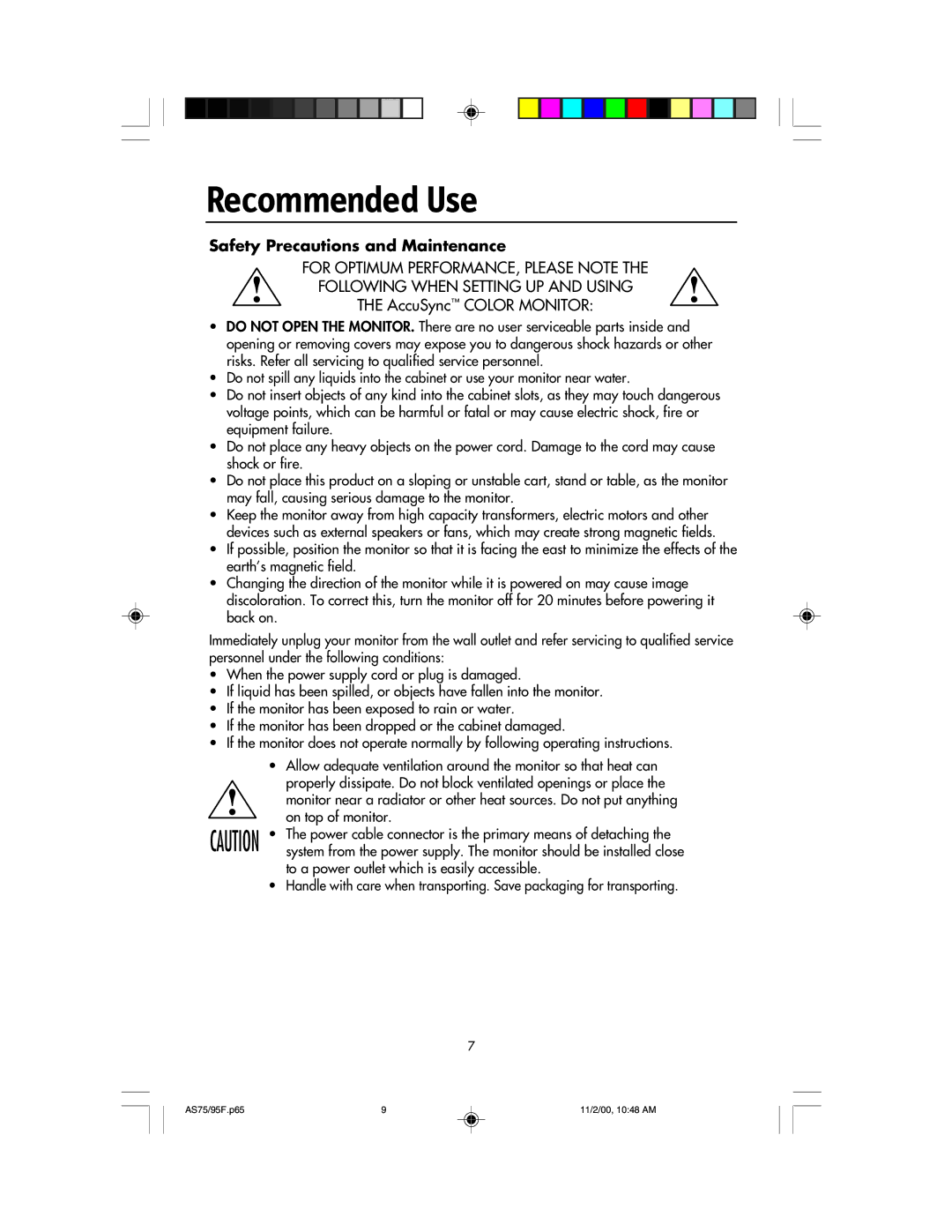 NEC 75F, 95F user manual Recommended Use, Safety Precautions and Maintenance 