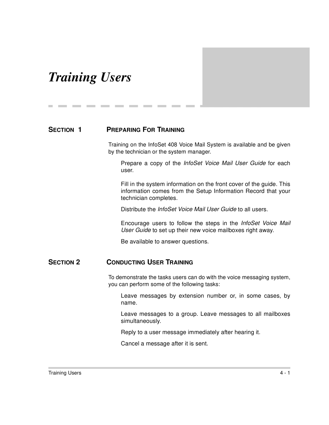 NEC 760417 manual Preparing for Training, Section Conducting User Training 