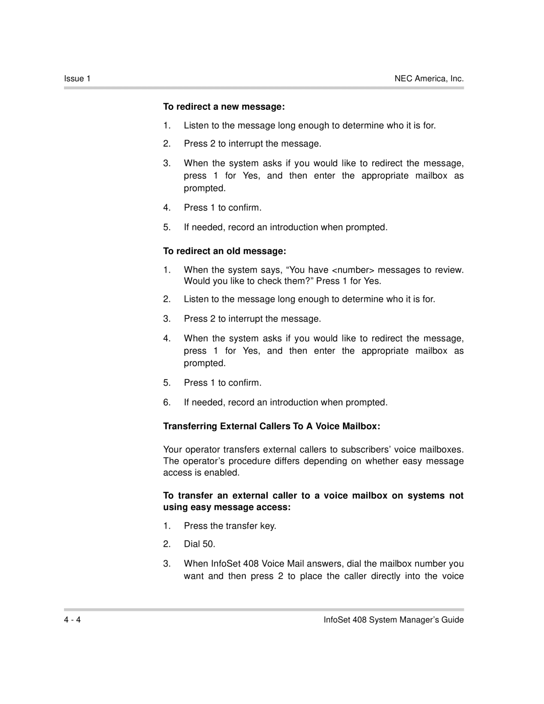 NEC 760417 manual To redirect a new message, To redirect an old message, Transferring External Callers To a Voice Mailbox 