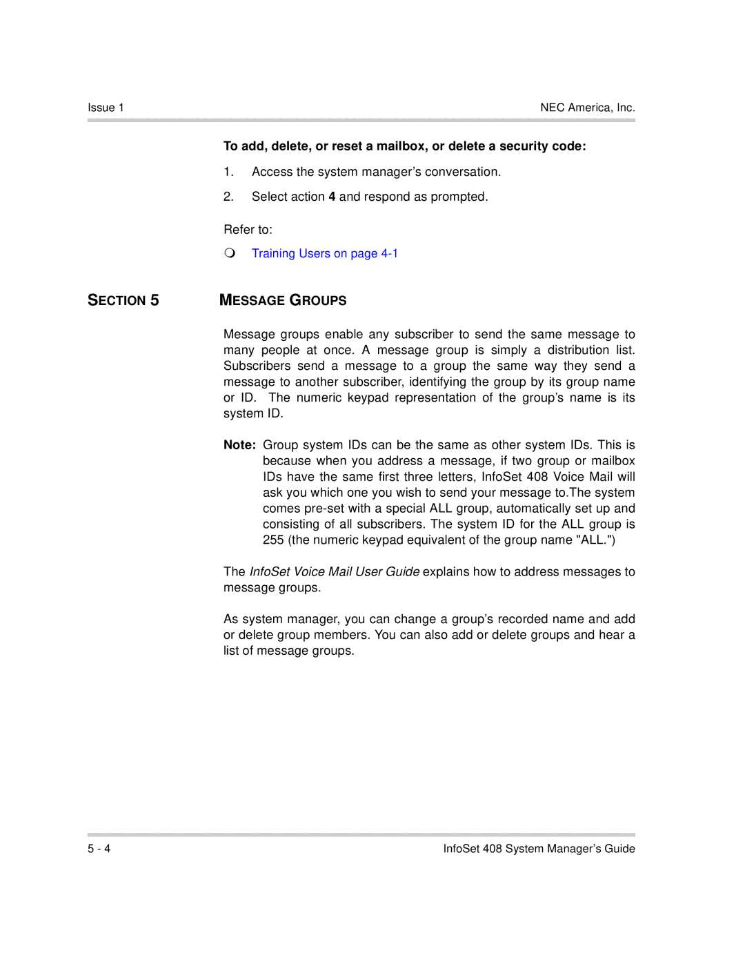 NEC 760417 manual Section Message Groups 