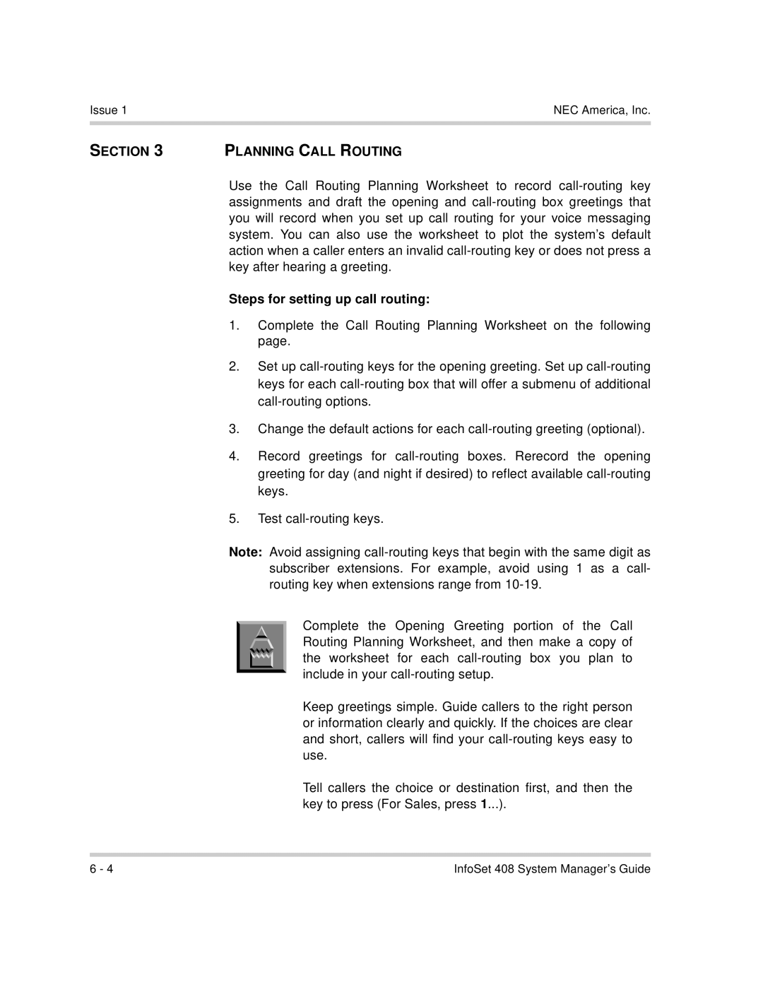 NEC 760417 manual Section Planning Call Routing, Steps for setting up call routing 