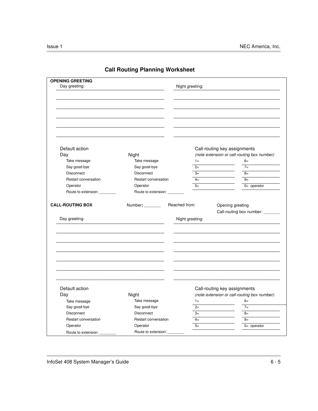 NEC 760417 manual Call Routing Planning Worksheet, Default action Call-routing key assignments Day Night 