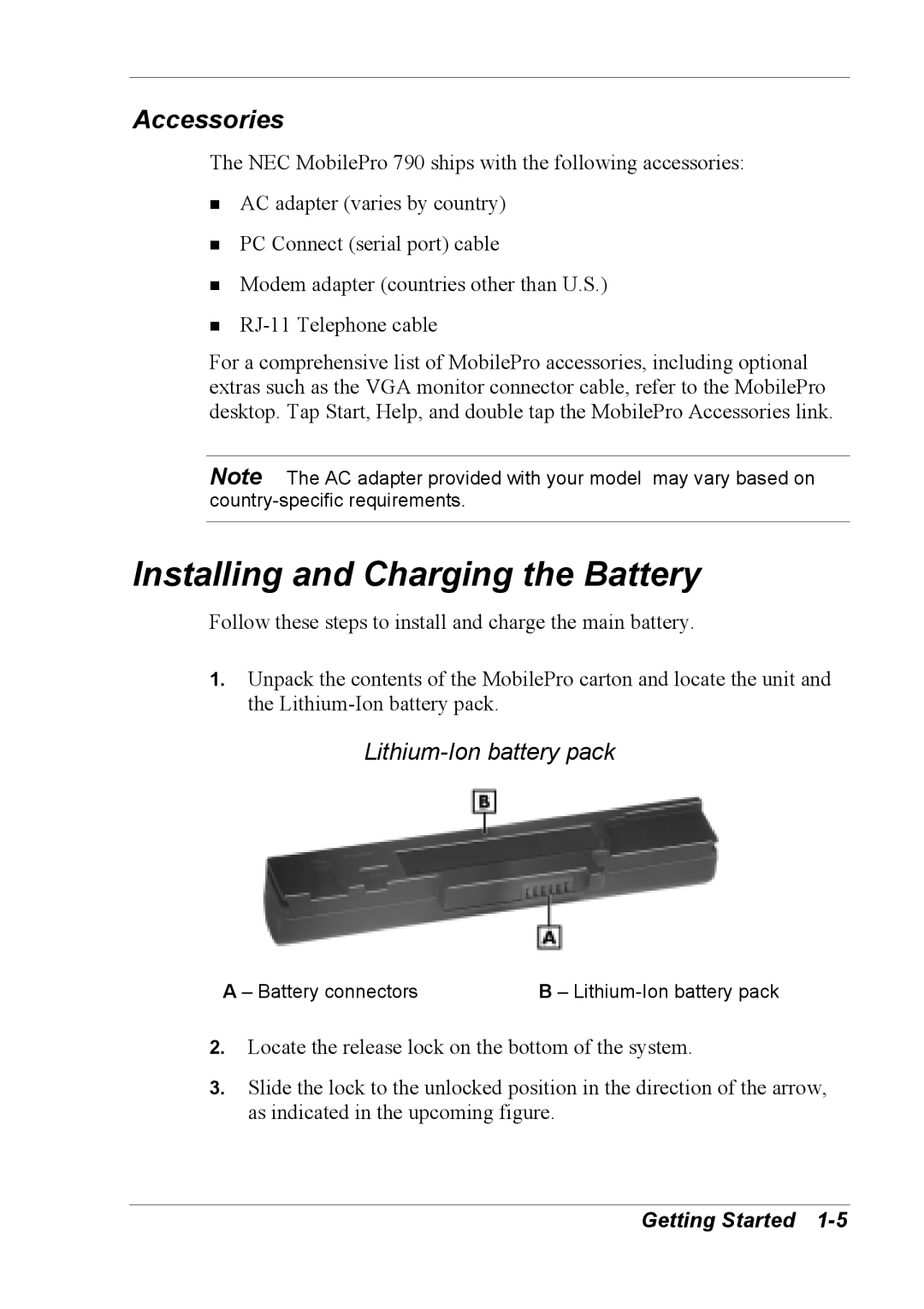 NEC 790 manual Installing and Charging the Battery, Accessories, Lithium-Ion battery pack 