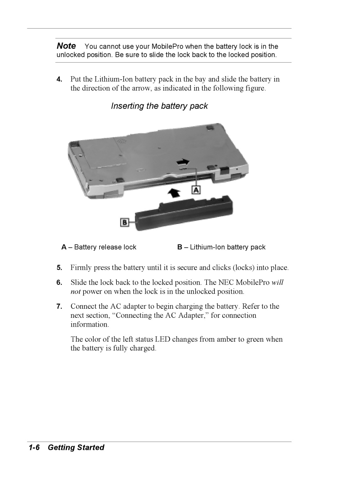 NEC 790 manual Inserting the battery pack 