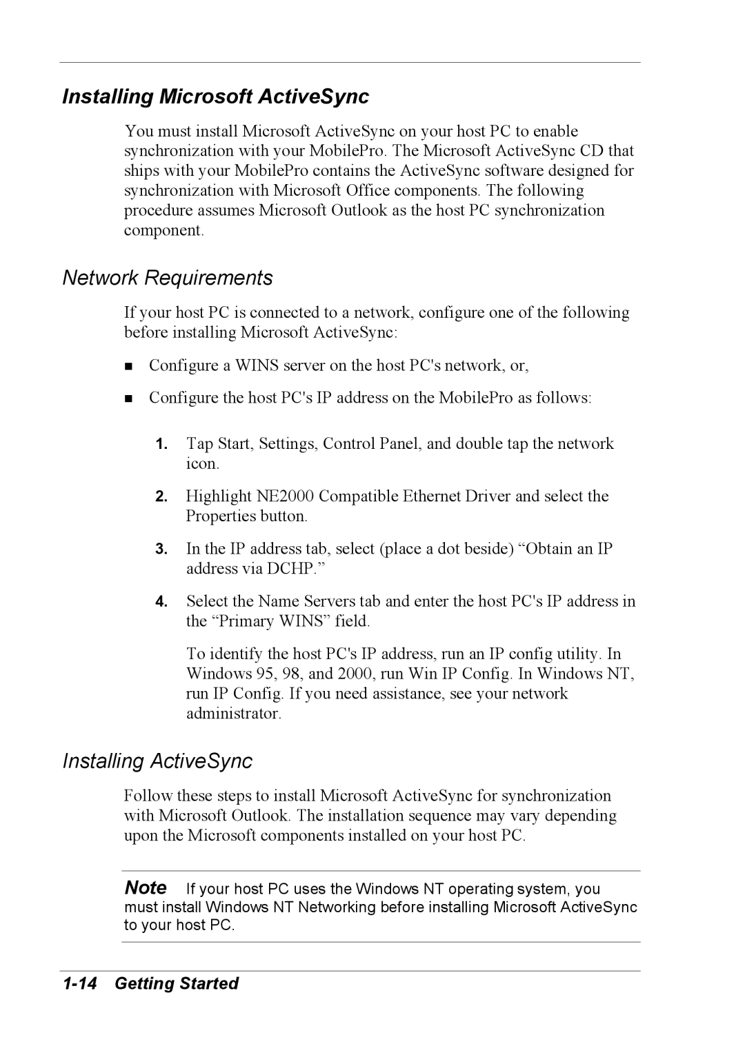 NEC 790 manual Installing Microsoft ActiveSync, Network Requirements 