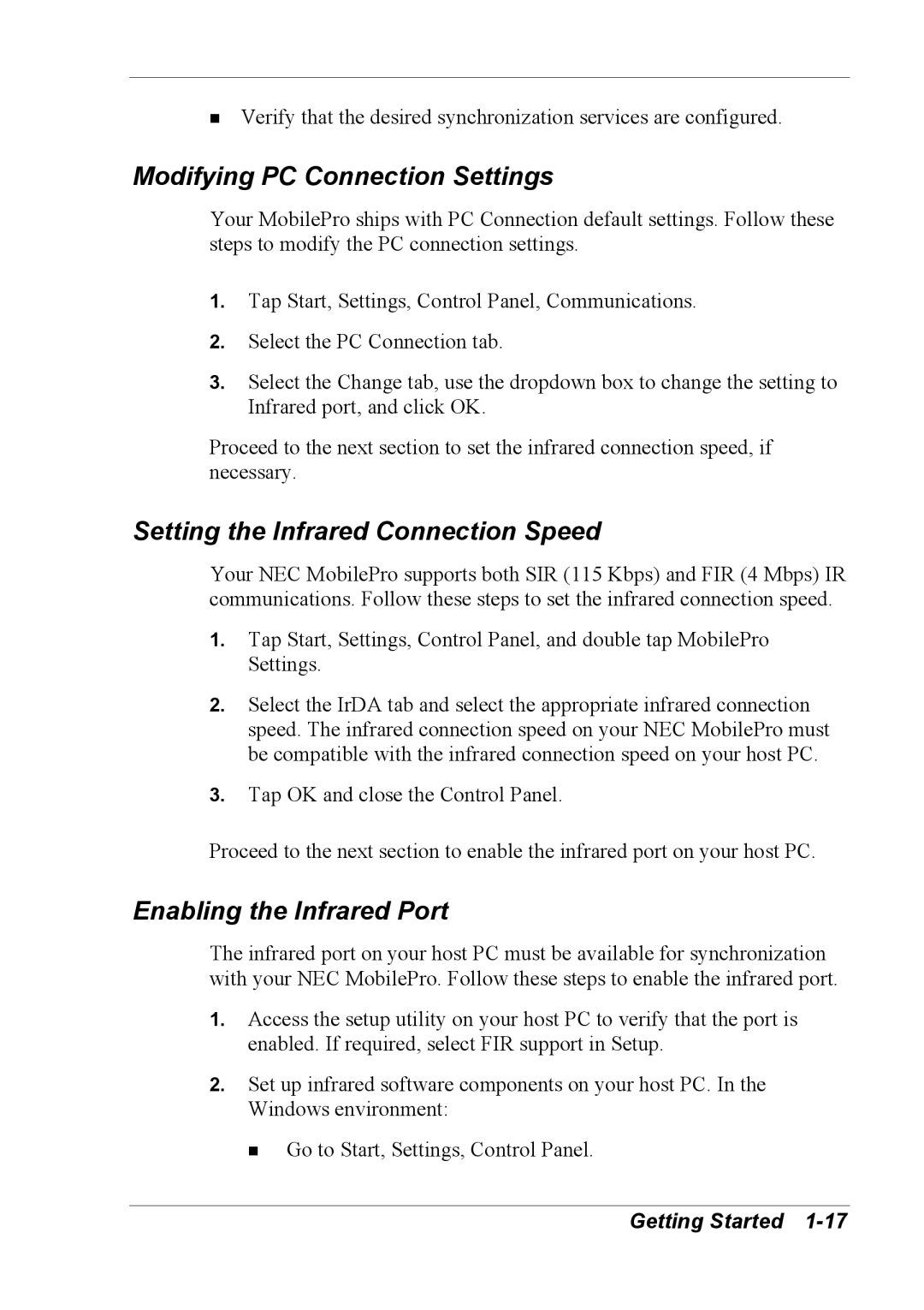 NEC 790 manual Modifying PC Connection Settings, Setting the Infrared Connection Speed, Enabling the Infrared Port 