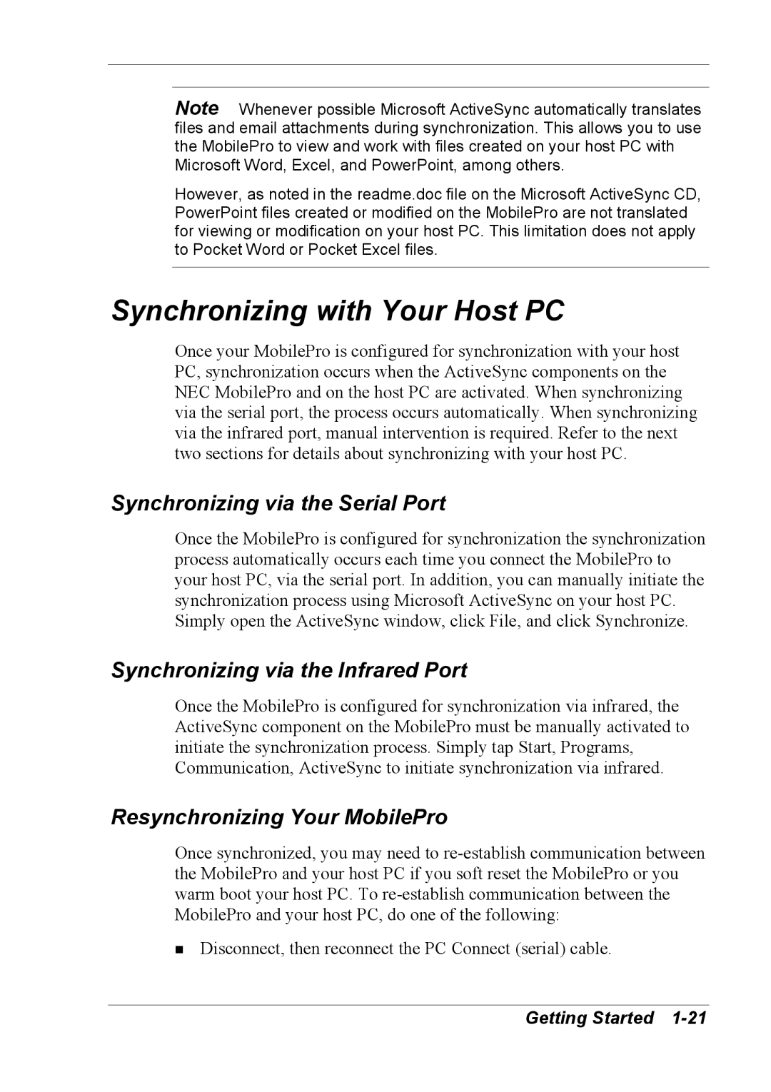 NEC 790 manual Synchronizing with Your Host PC, Synchronizing via the Serial Port, Synchronizing via the Infrared Port 