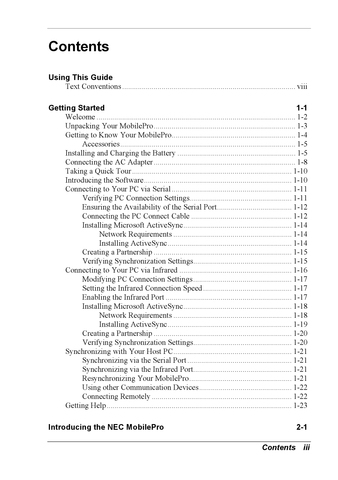 NEC 790 manual Contents 