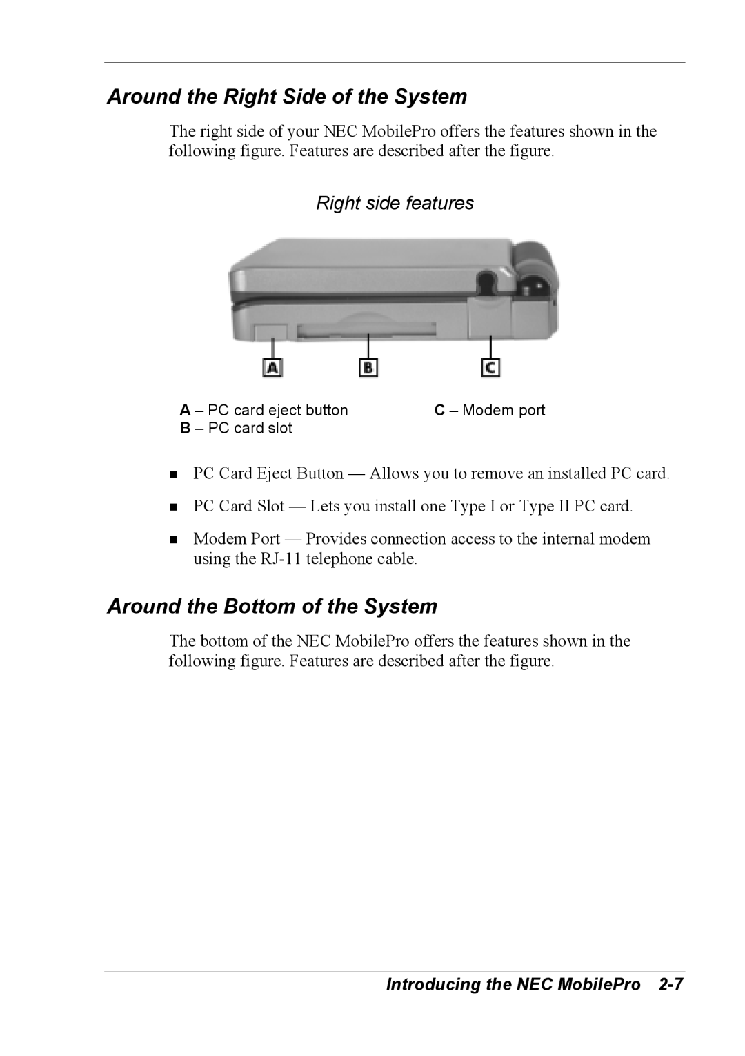 NEC 790 manual Around the Right Side of the System, Around the Bottom of the System, Right side features 