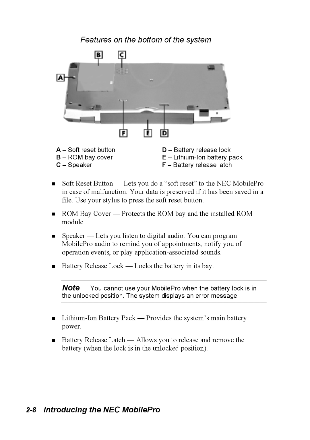 NEC 790 manual Features on the bottom of the system 