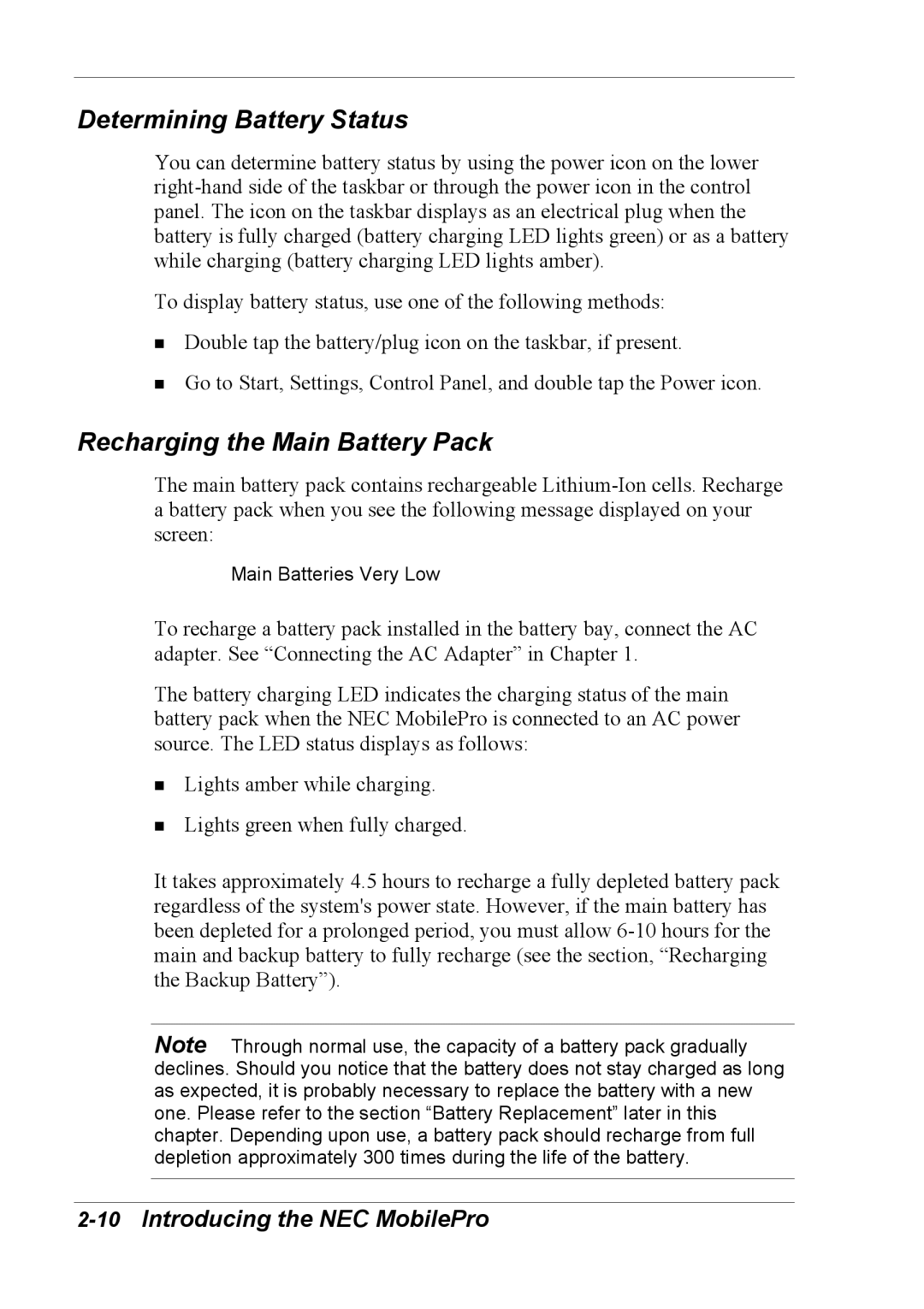 NEC 790 manual Determining Battery Status, Recharging the Main Battery Pack 