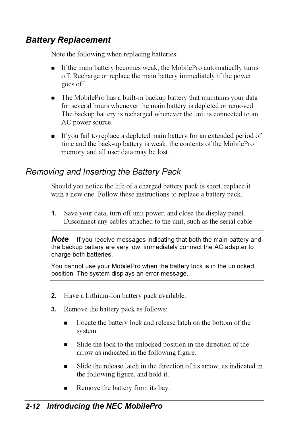 NEC 790 manual Battery Replacement, Removing and Inserting the Battery Pack 