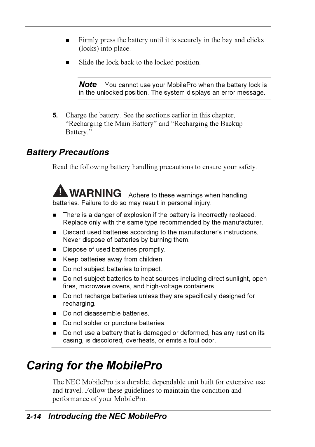 NEC 790 manual Caring for the MobilePro, Battery Precautions 