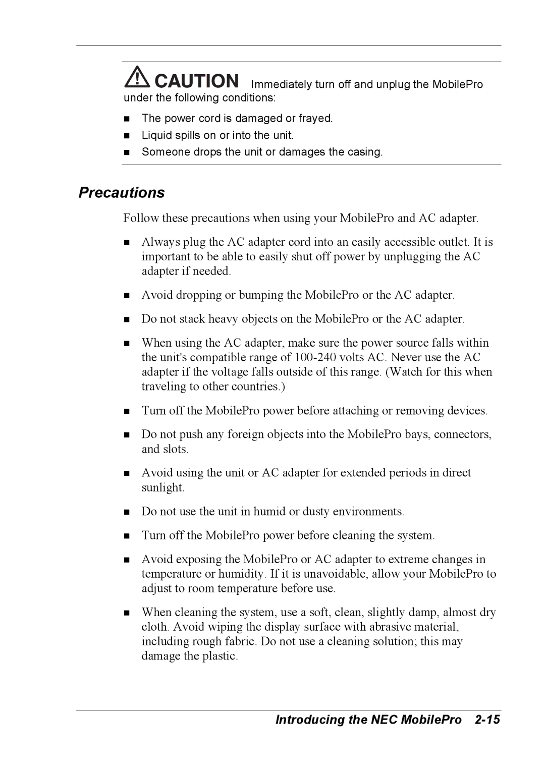 NEC 790 manual Precautions 