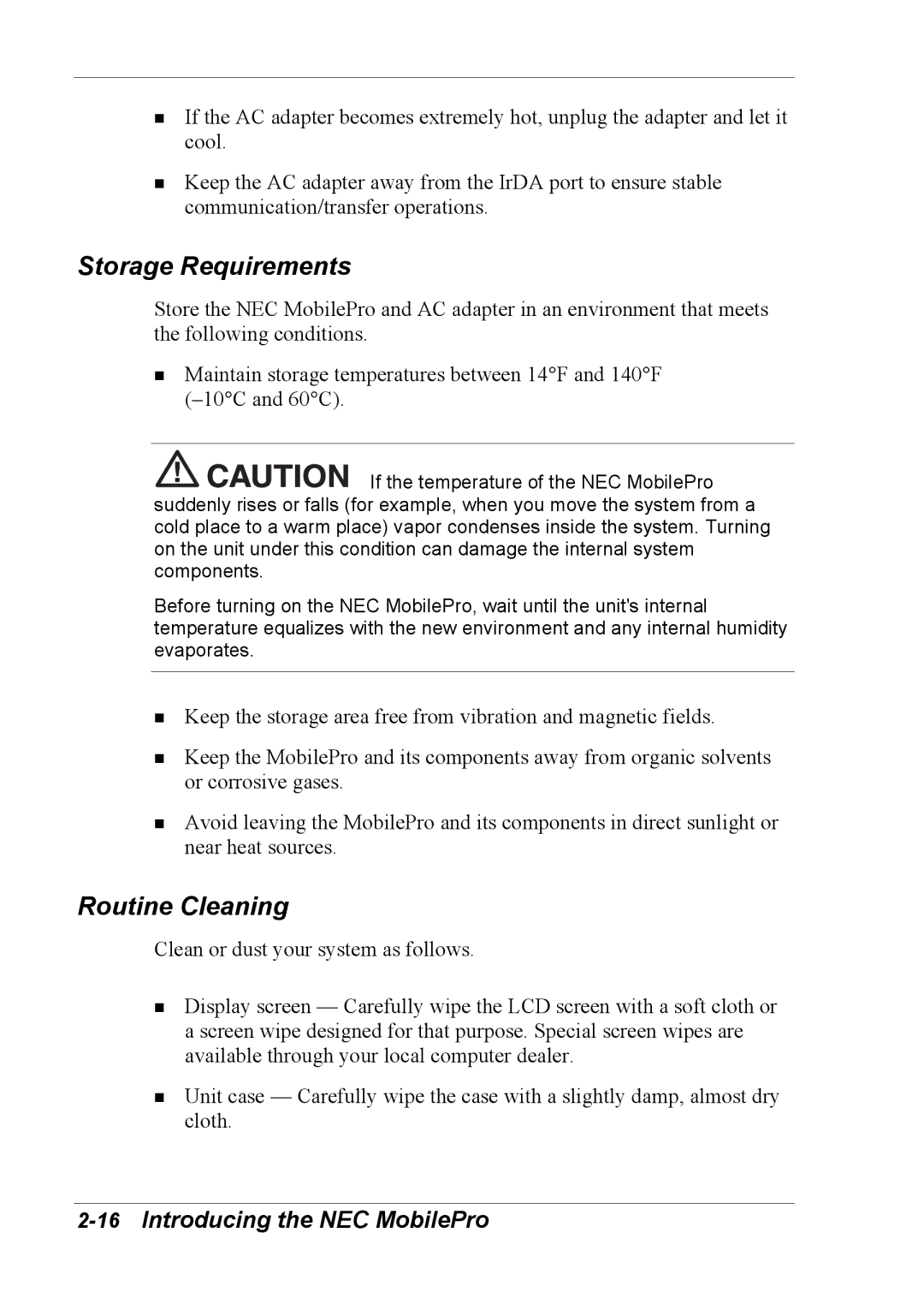 NEC 790 manual Storage Requirements, Routine Cleaning 