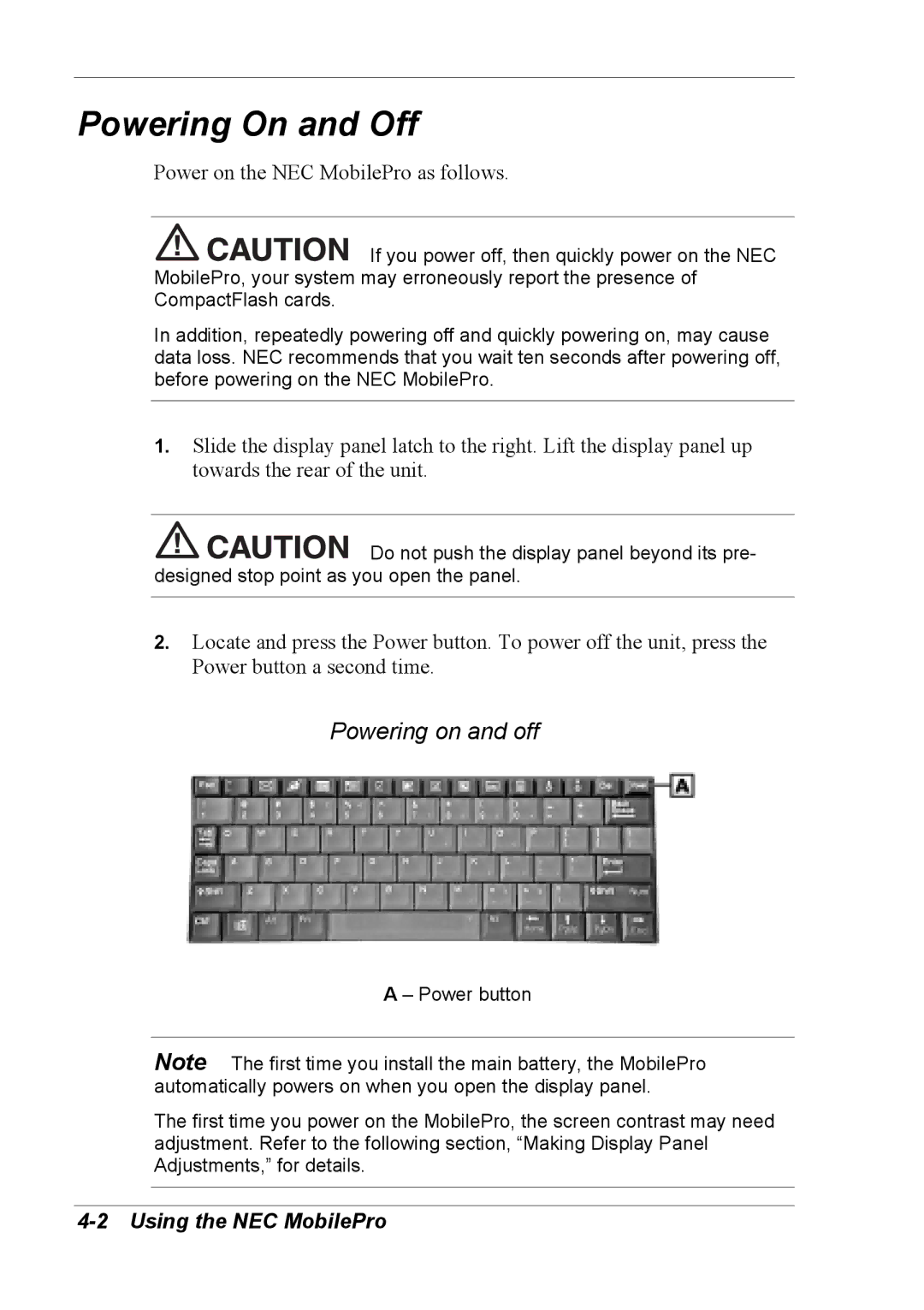 NEC 790 manual Powering On and Off, Powering on and off, Using the NEC MobilePro 