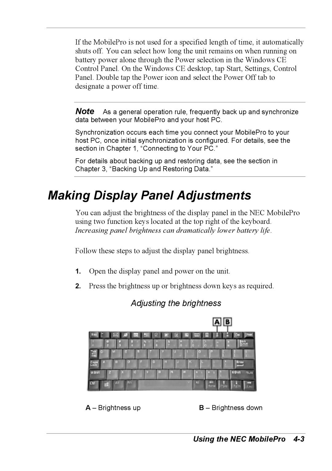 NEC 790 manual Making Display Panel Adjustments, Adjusting the brightness 