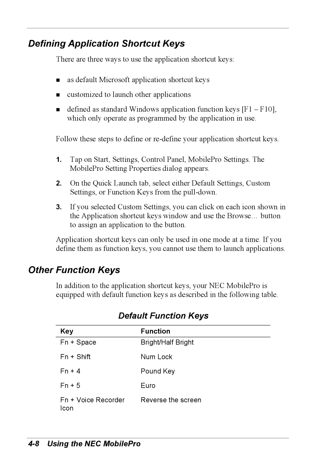 NEC 790 manual Defining Application Shortcut Keys, Other Function Keys 