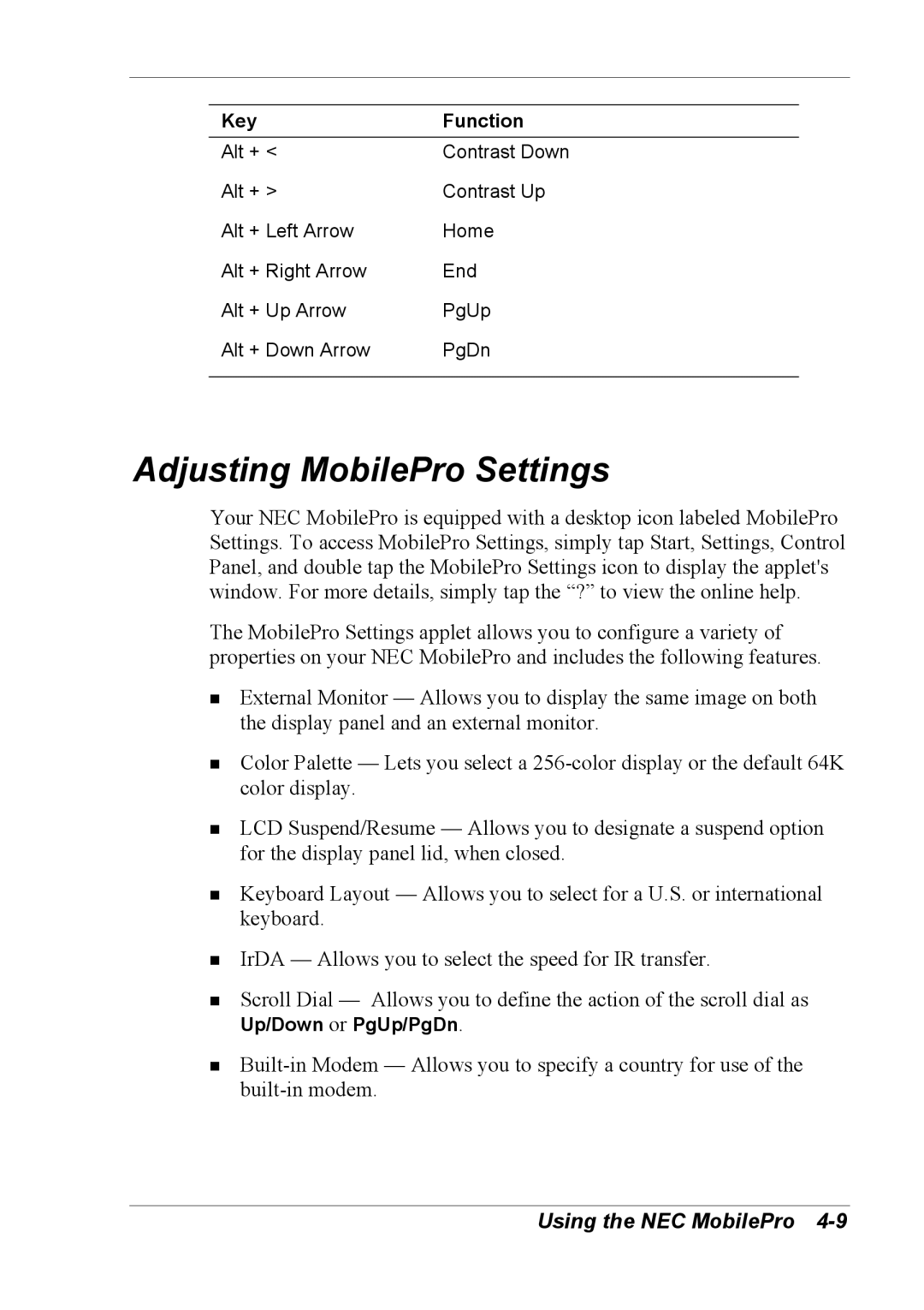 NEC 790 manual Adjusting MobilePro Settings 