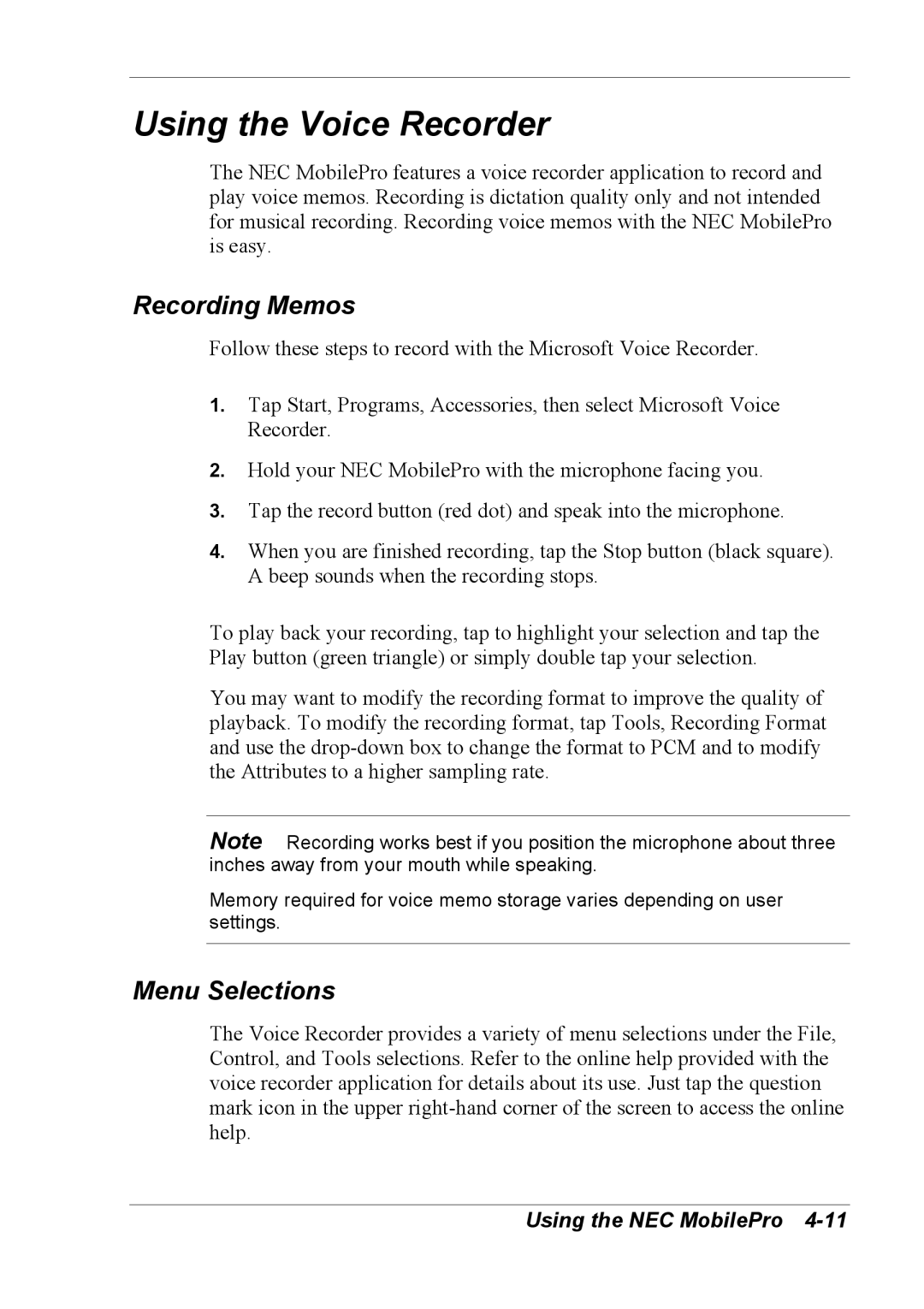 NEC 790 manual Using the Voice Recorder, Recording Memos, Menu Selections 