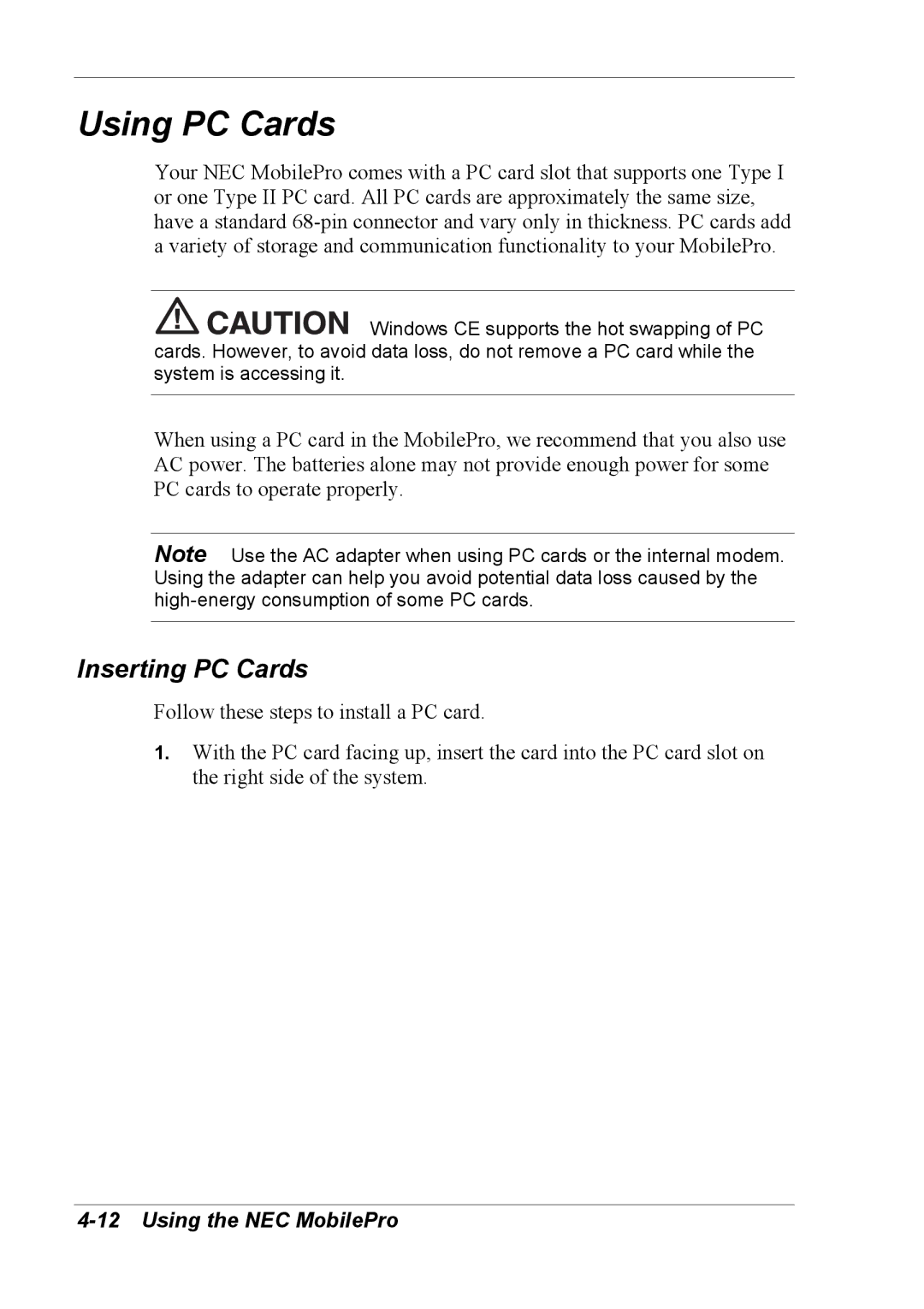 NEC 790 manual Using PC Cards, Inserting PC Cards 