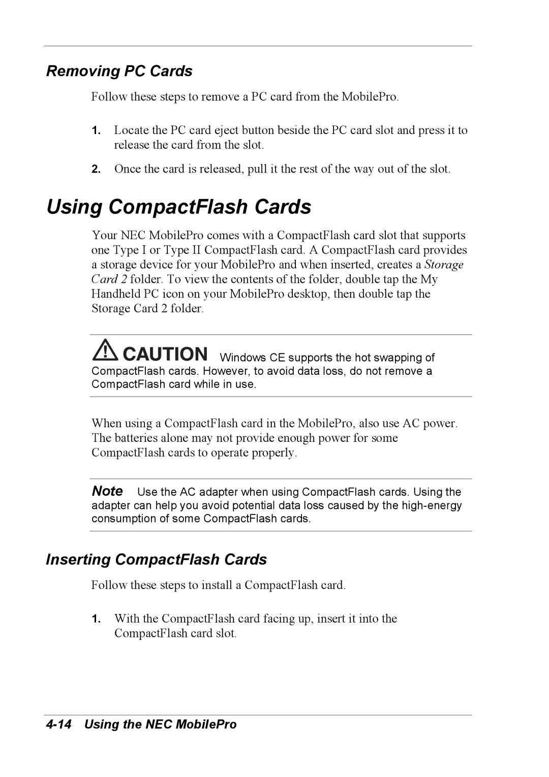 NEC 790 manual Using CompactFlash Cards, Removing PC Cards, Inserting CompactFlash Cards 