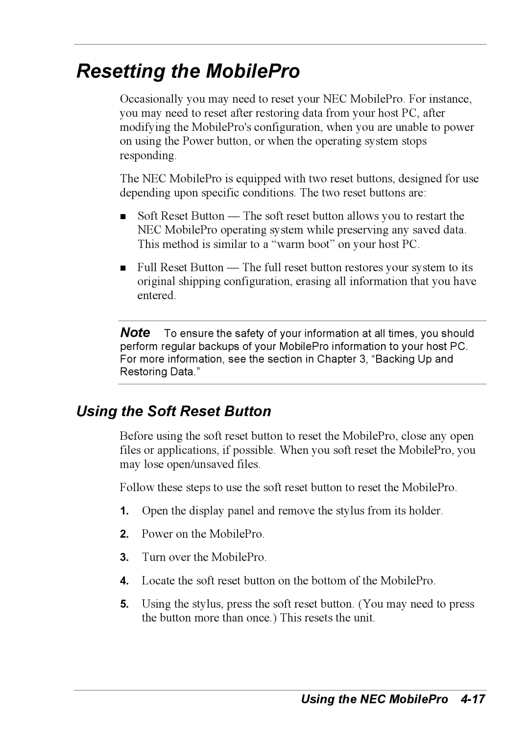 NEC 790 manual Resetting the MobilePro, Using the Soft Reset Button 