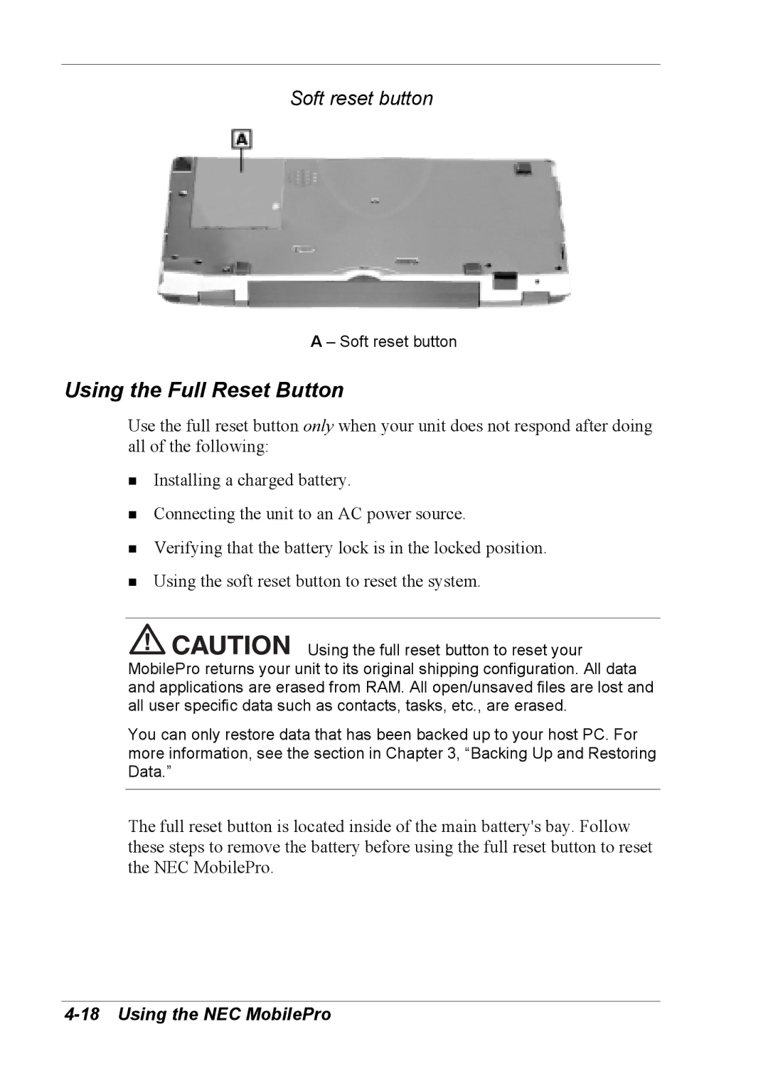 NEC 790 manual Using the Full Reset Button, Soft reset button 