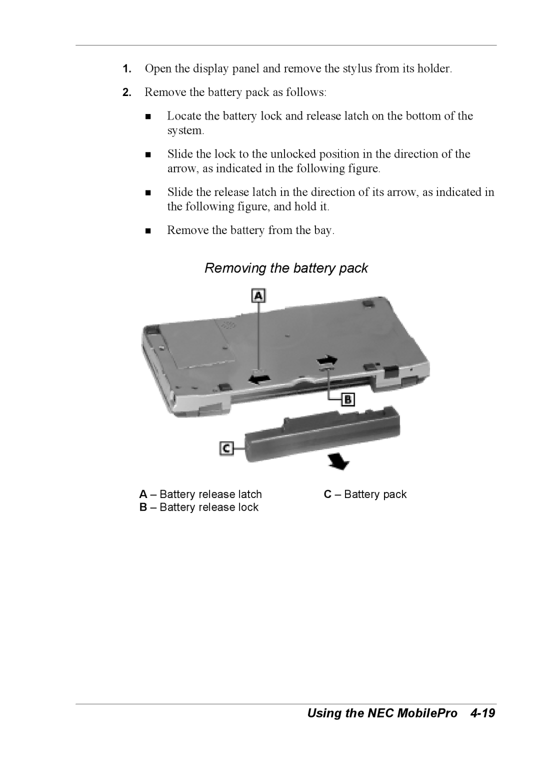 NEC 790 manual Battery release latch Battery pack Battery release lock 