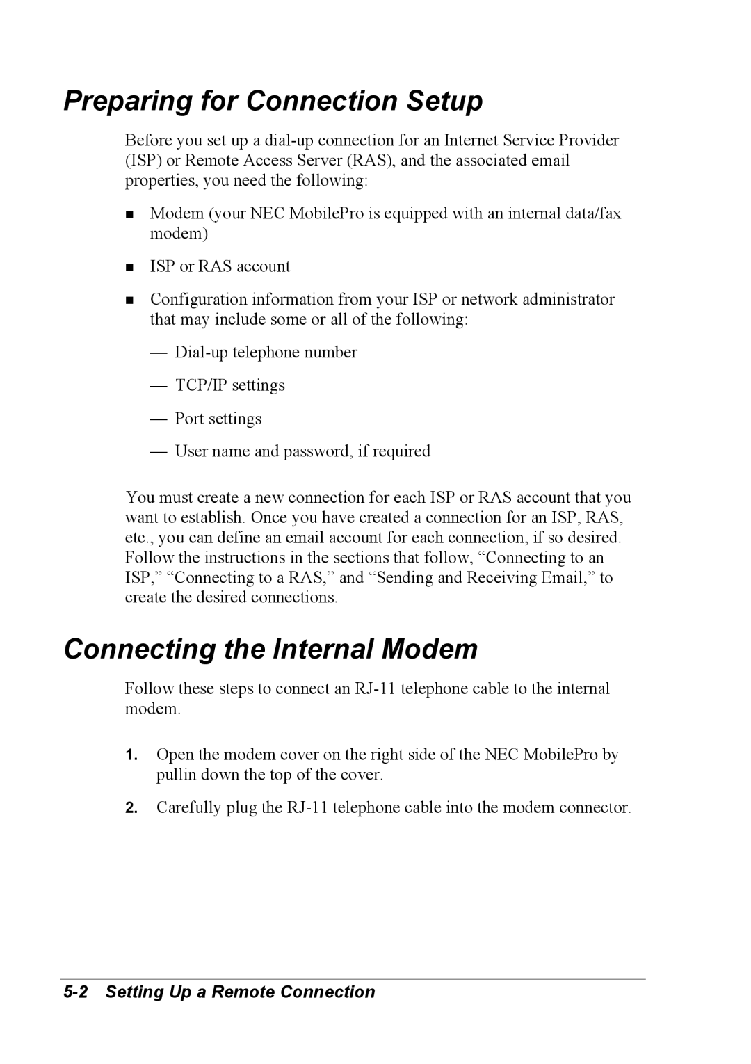 NEC 790 manual Preparing for Connection Setup, Connecting the Internal Modem, Setting Up a Remote Connection 