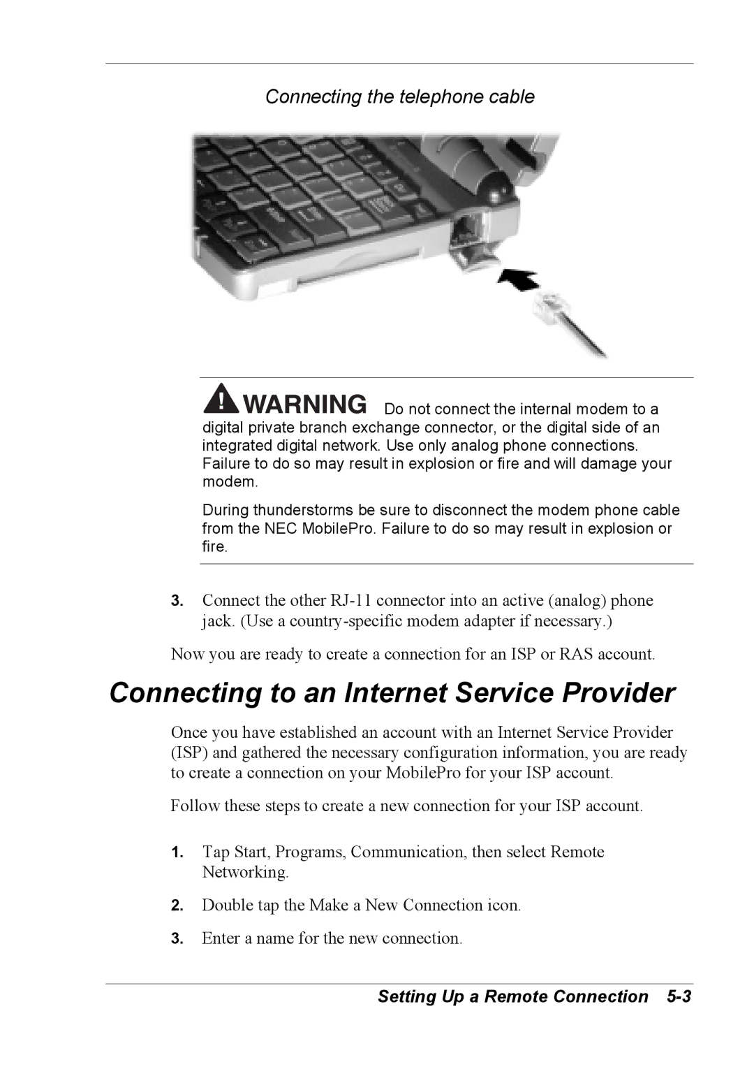 NEC 790 manual Connecting to an Internet Service Provider, Connecting the telephone cable 