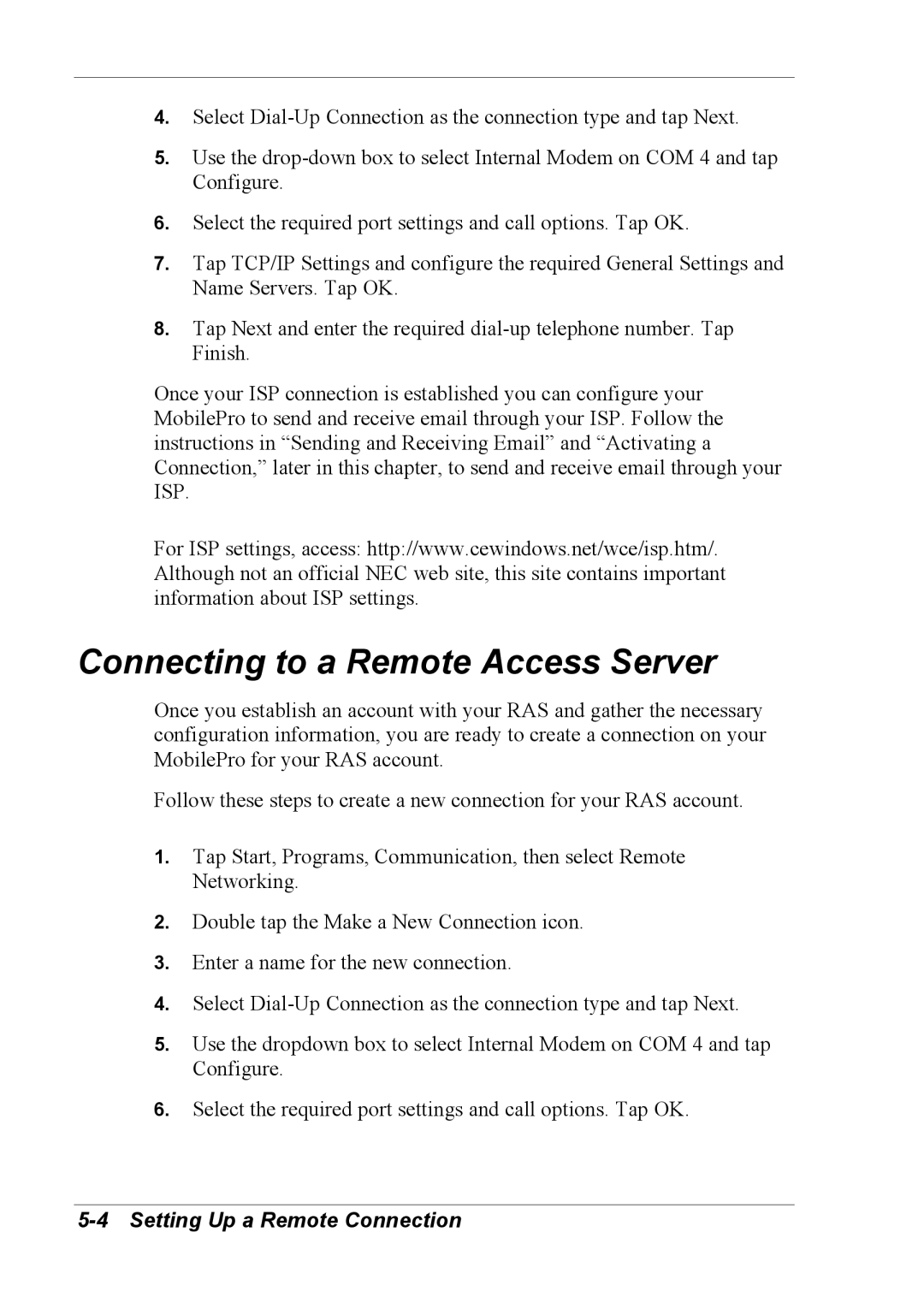 NEC 790 manual Connecting to a Remote Access Server 