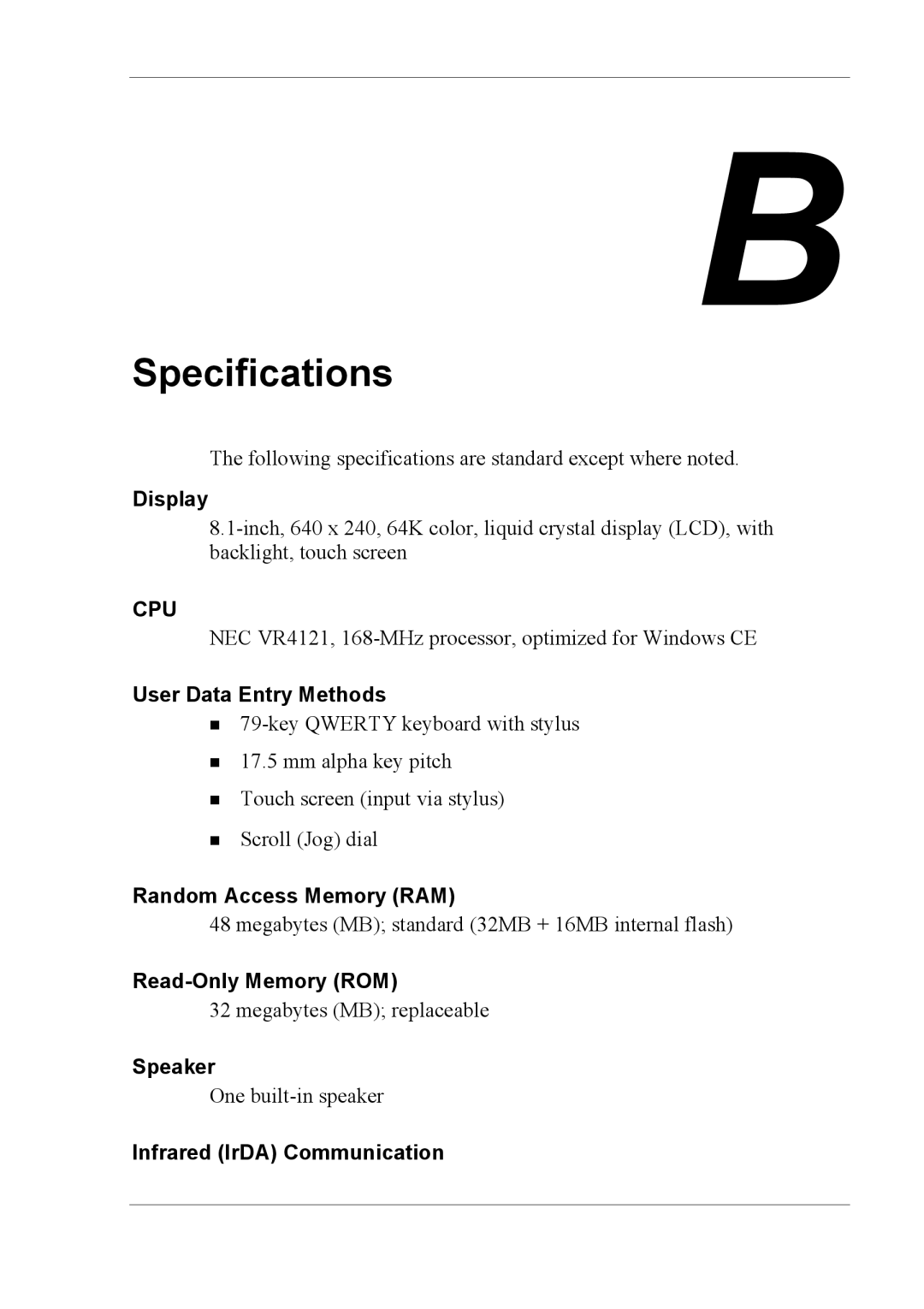 NEC 790 manual Specifications, Cpu 