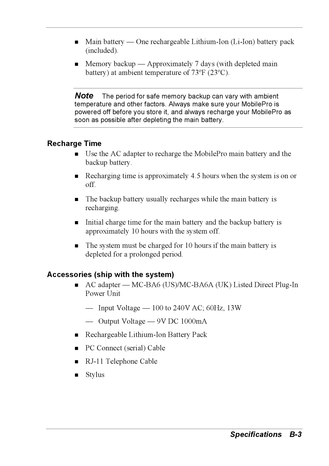 NEC 790 manual Recharge Time, Specifications B-3 