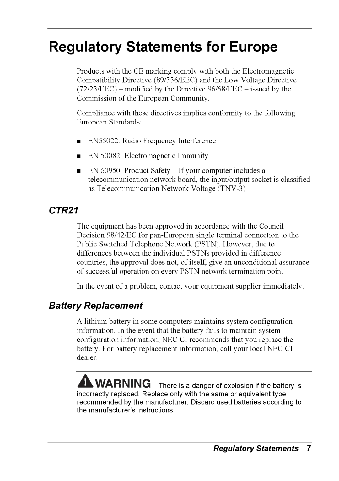 NEC 790 manual Regulatory Statements for Europe, CTR21 