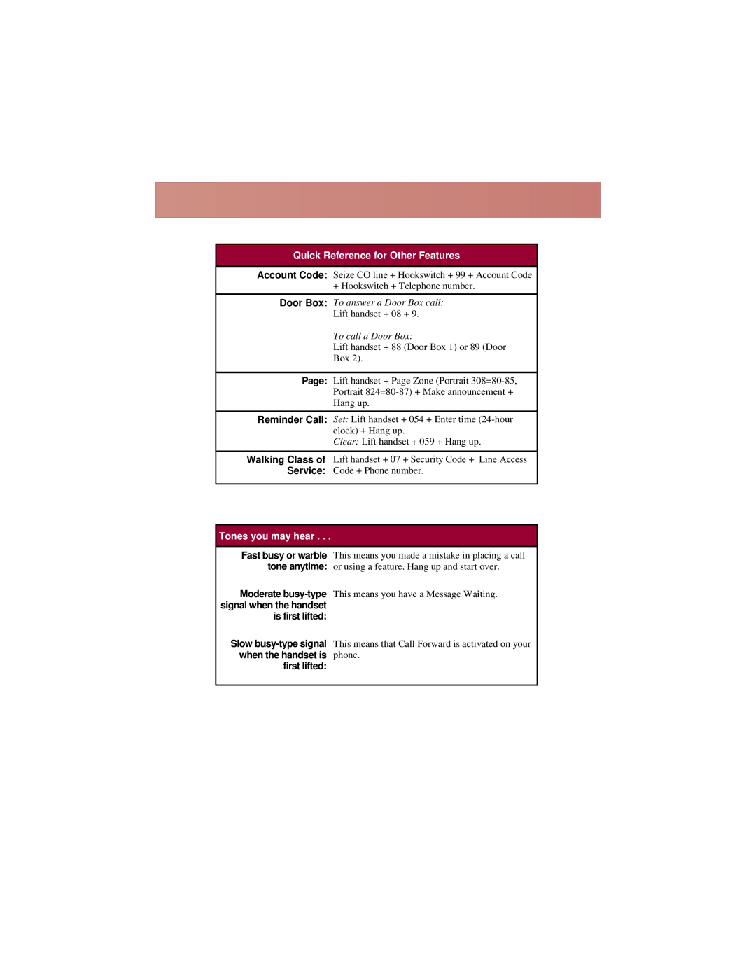 NEC 308, 824 manual Quick Reference for Other Features, Tones you may hear 