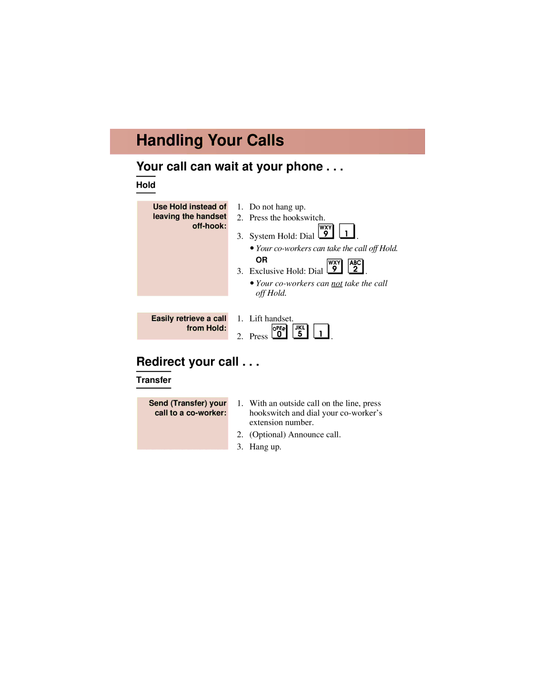 NEC 824, 308 manual Handling Your Calls, Your call can wait at your phone, Redirect your call, Hold, Transfer 