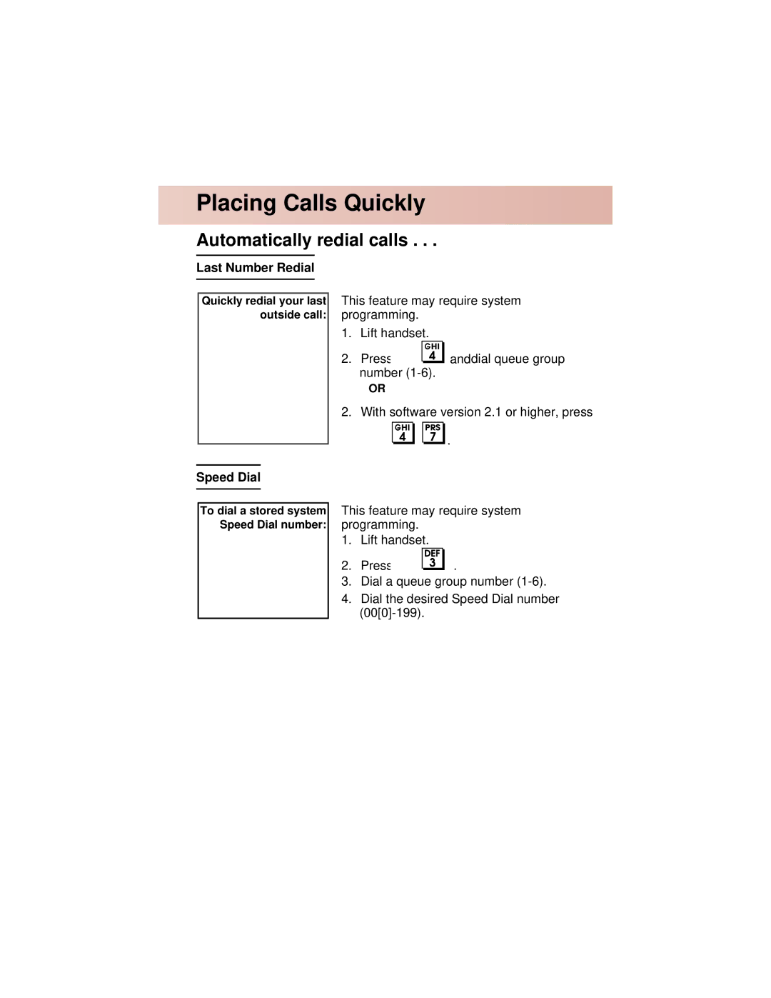 NEC 824, 308 manual Placing Calls Quickly, Automatically redial calls, Last Number Redial, Speed Dial 