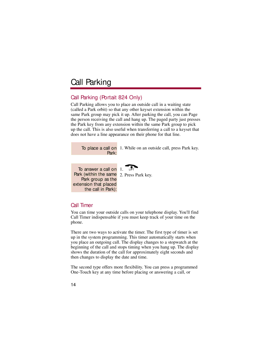 NEC 308 manual Call Parking Portait 824 Only, Call Timer 