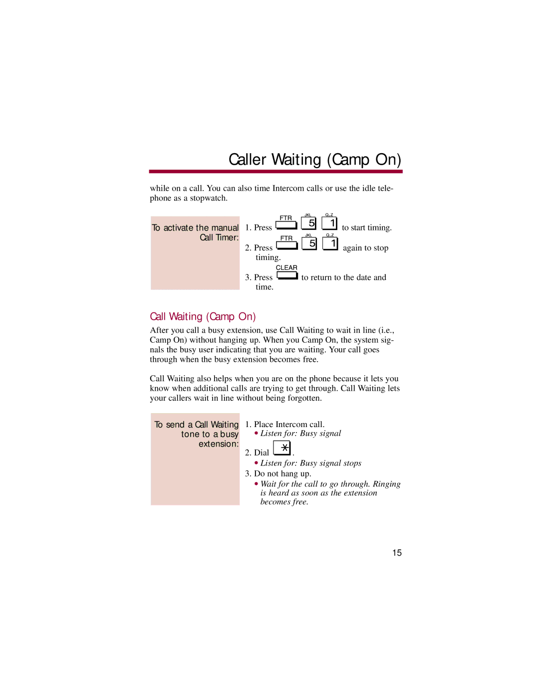 NEC 308, 824 Caller Waiting Camp On, Call Waiting Camp On, To activate the manual, Call Timer 