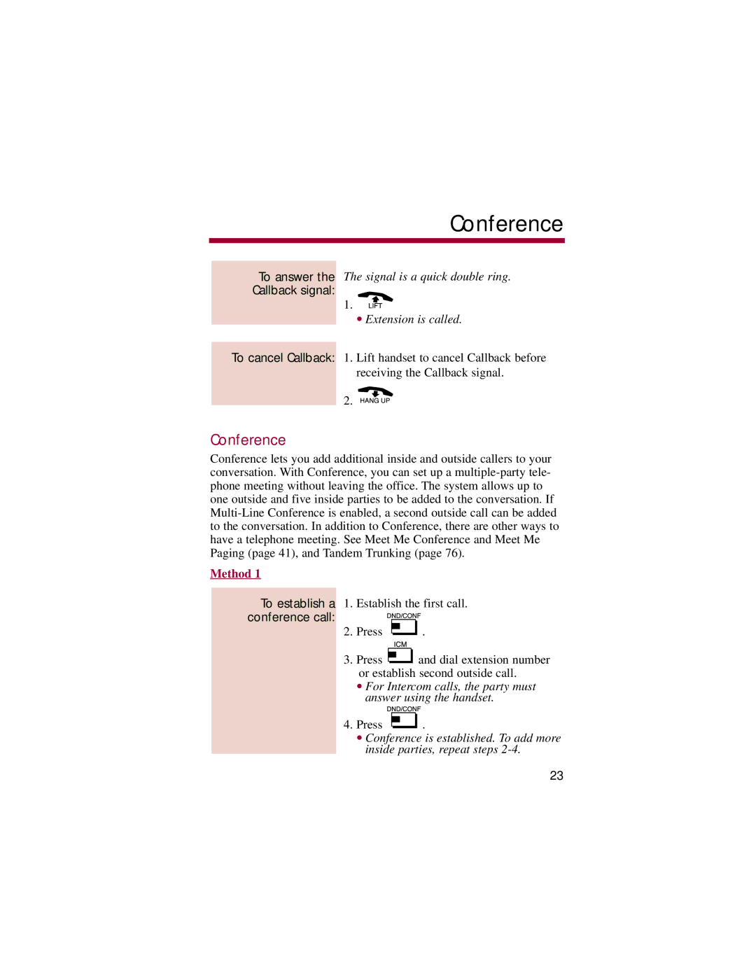 NEC 308, 824 manual Callback signal, To establish a, Conference call 