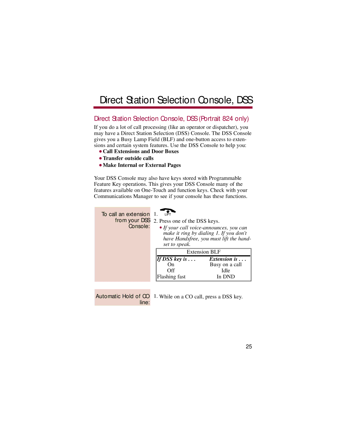 NEC 308 manual Direct Station Selection Console, DSS Portrait 824 only, To call an extension from your DSS Console 