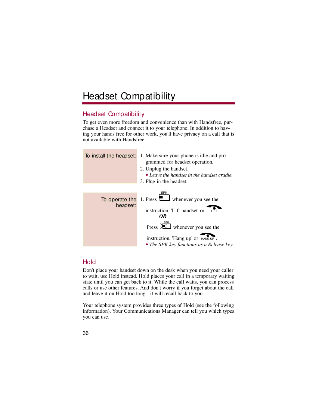 NEC 824, 308 manual Headset Compatibility, Hold 