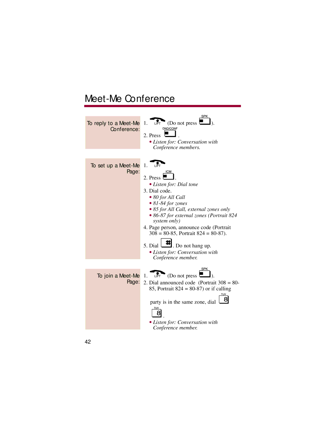 NEC 824, 308 manual To reply to a Meet-Me Conference, Listen for Conversation with Conference member 