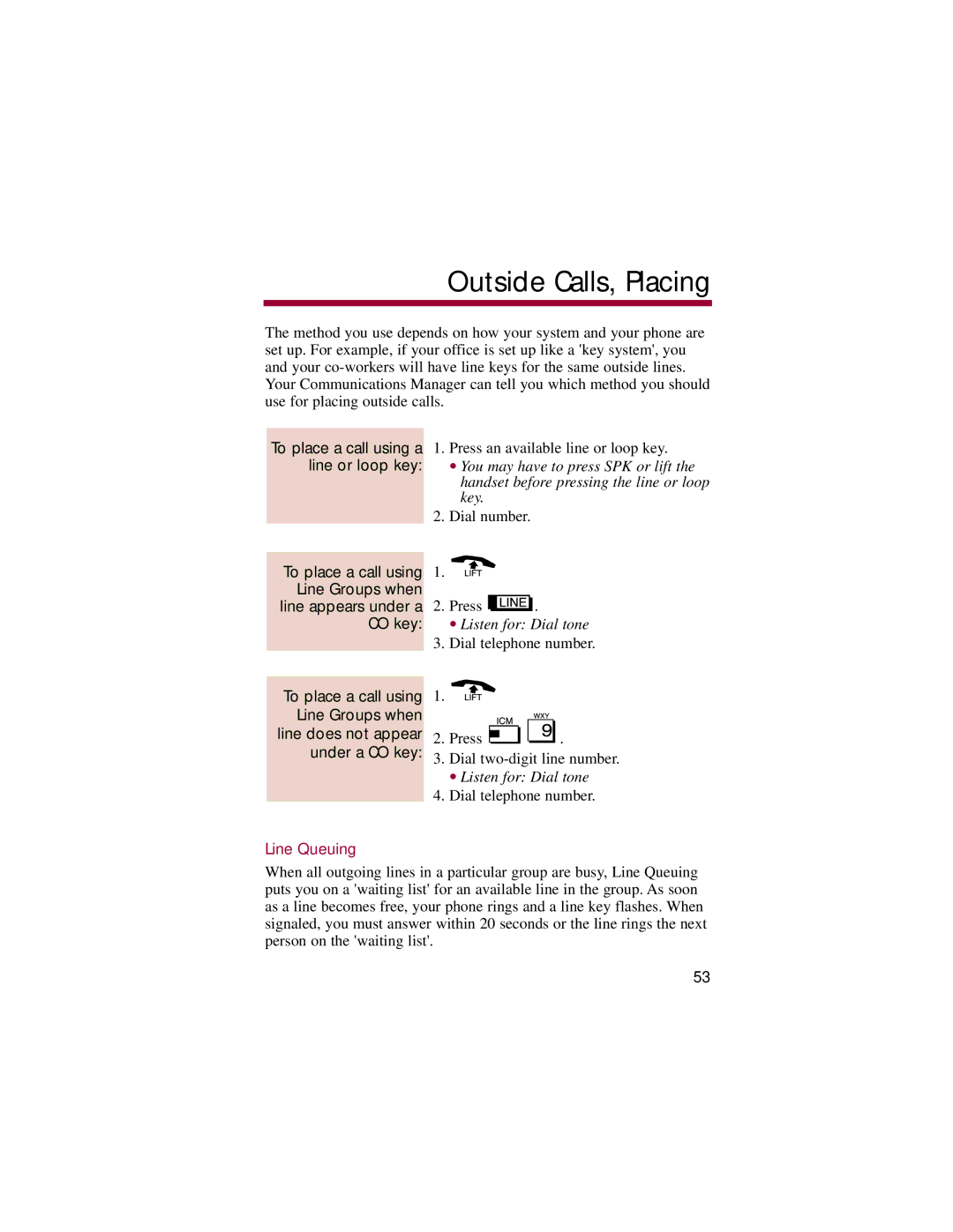 NEC 308, 824 manual Outside Calls, Placing, Line Queuing 